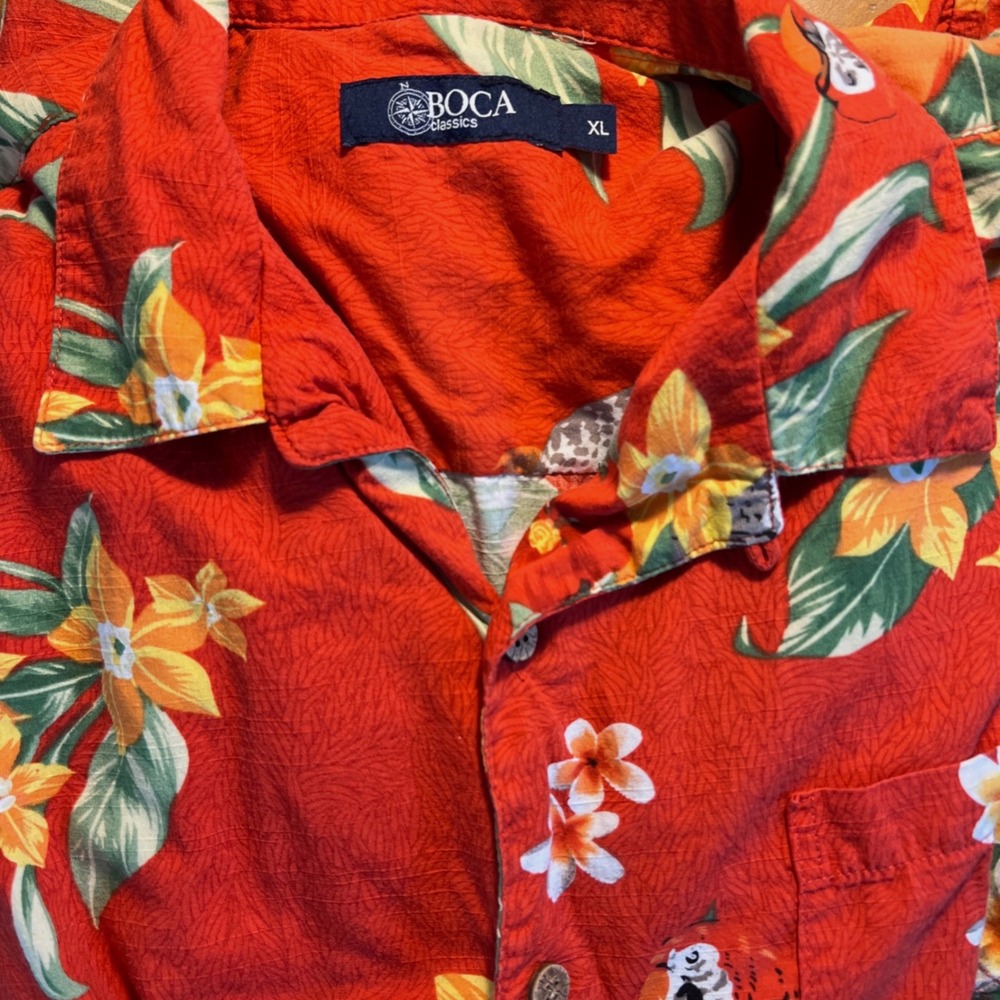 Boca Classics Hawaiian Shirt XL Mens Tropical Parrot Red Short Sleeve Aloha